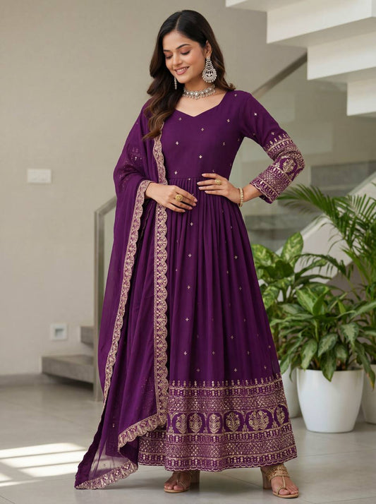 Lehenga Mart Designer Vichitra Silk Gown With Dupatta-Wine