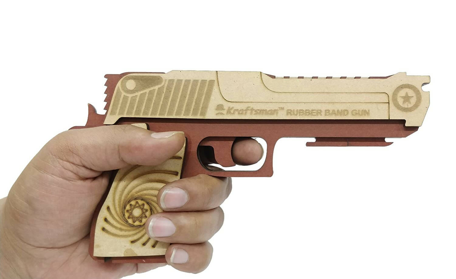 Kraftsman Kraftsman Semi-Automatic Wooden Rubber Band Shooting Gun Toys for Kids & Adults with Target | 5 Rapid Fire Shots (Dark Brown) - Grab2buy