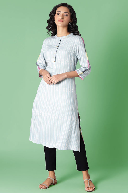 W for Woman Light Blue Geometric Printed Rayon Dobby Straight Kurta with Slim Pant Set