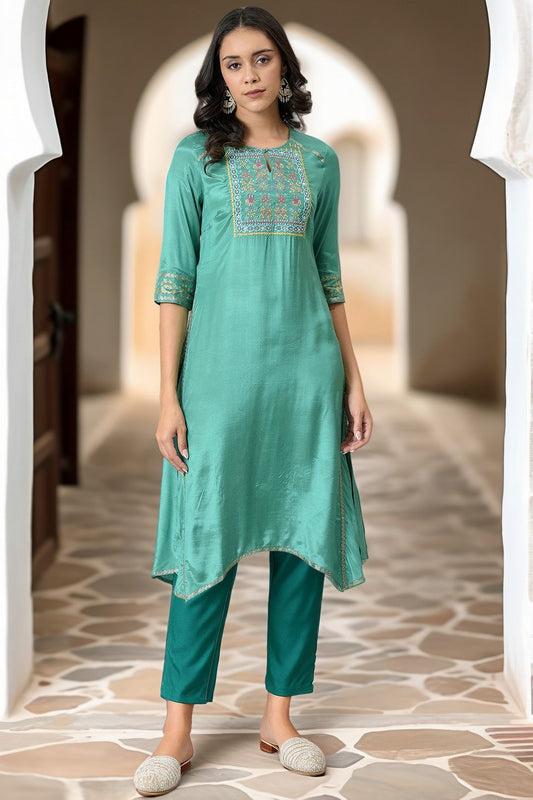 W for Woman Green Thread Embroidery Straight Kurta and Slim Pant Set