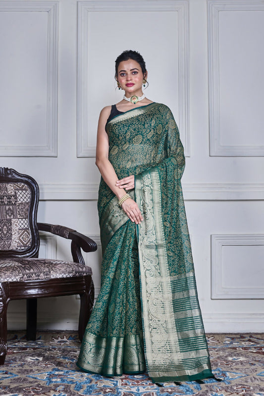 Morchari Green Script Printed Orzanga Saree Unstitched Blouse