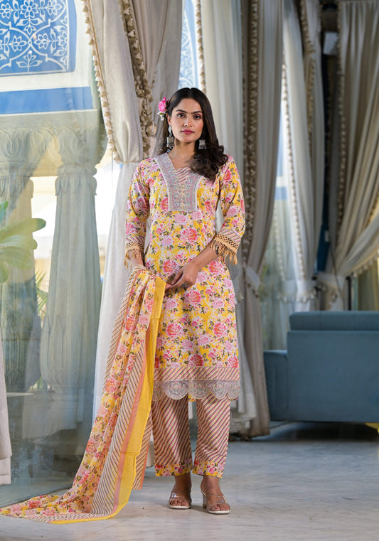 Floral Printed & Embroidered Kurta With Pant & Dupatta Luxury, Multicolor - Hiral Fashion