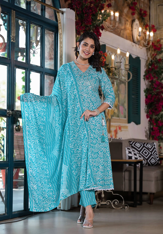 Embroidered & Printed Angrakha Style Kurta With Pant & Dupatta, Blue - Hiral Fashion