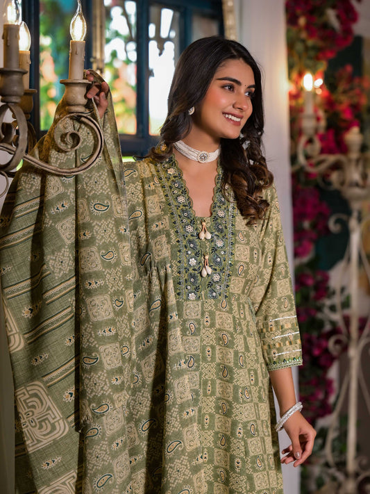 Embroidered & Printed Flared Kurta With Pant & Dupatta, Green - Hiral Fashion