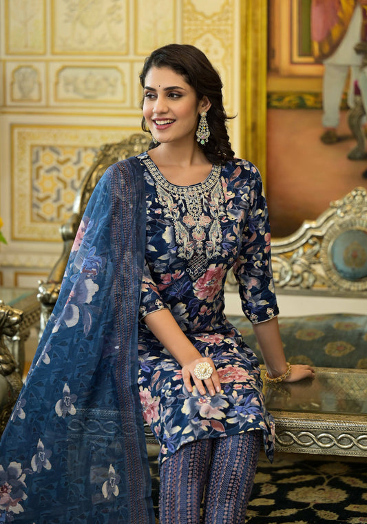 Applique Embroidered & Floral Printed Kurta With Pant & Printed Dupatta, Navy Blue - Hiral Fashion