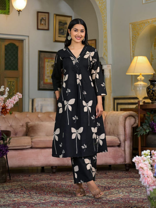 Floral Printed & Neckline Embroidered Kurta With Palazzo, Black - Hiral Fashion