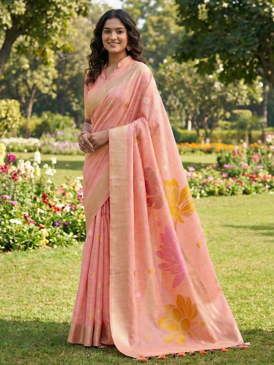 Shree Shyam Fashion Peach Linen Cotton Saree