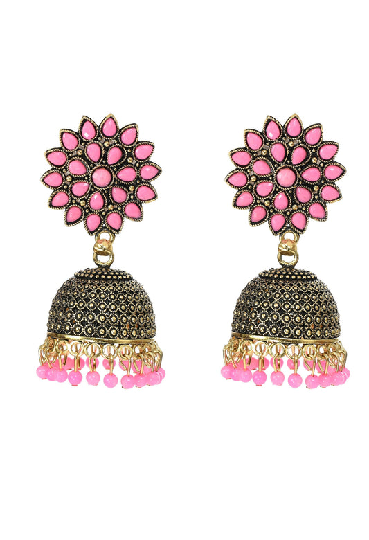 Mominos Fashion Johar Kamal Beautiful Kundan Work Jhumka With Baby Pink Beads - Grab2buy