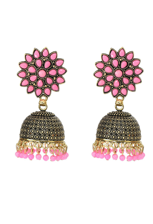 Mominos Fashion Johar Kamal Beautiful Kundan Work Jhumka With Baby Pink Beads