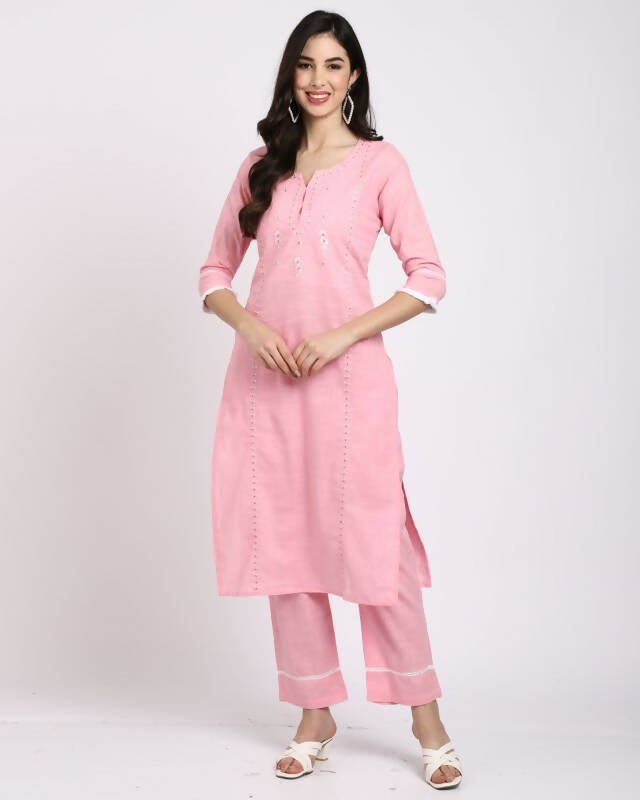 Aastha Fashion Women's Pink Cotton Embroidered Kurta with Trouser & Dupatta - Grab2buy