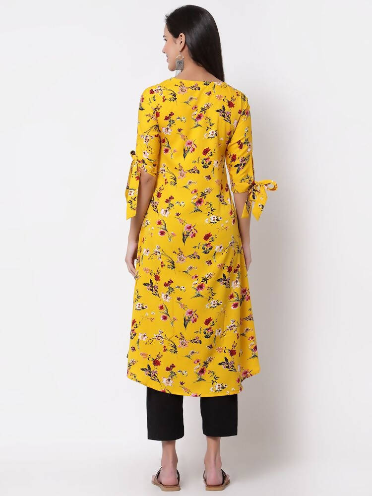 Myshka Women's Crepe Printed Half Sleeve V - Neck Casual Yellow Kurta