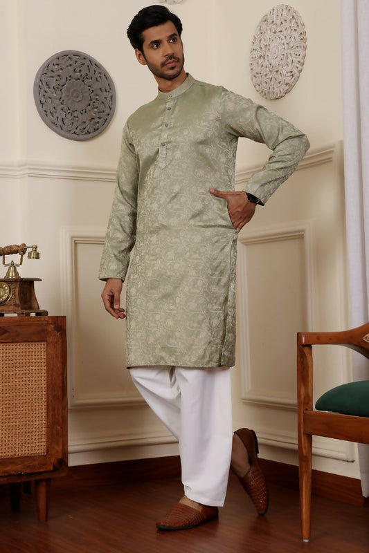 Pista Viscose Woven Jacquard Work Men's Rajwadi Kurta Set - Mahotsav