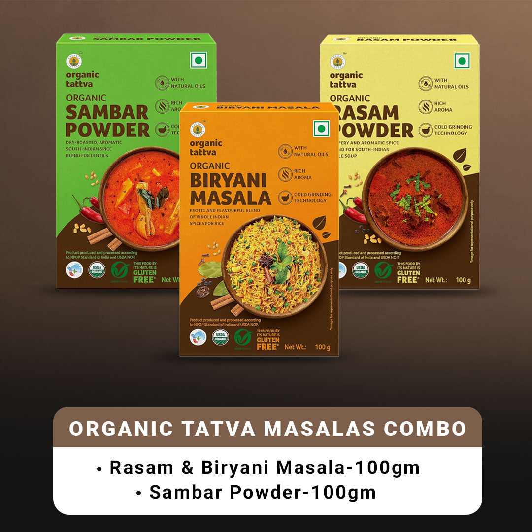 Organic Tattva South-Indian Masala Combo (100 Gm Each)- Sambar Powder, Rasam and Biryani Masala - Grab2buy