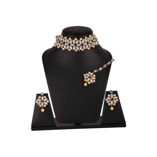 Mominos Fashion Trendy Gold-Plated with Stone & Pearls Necklace Set