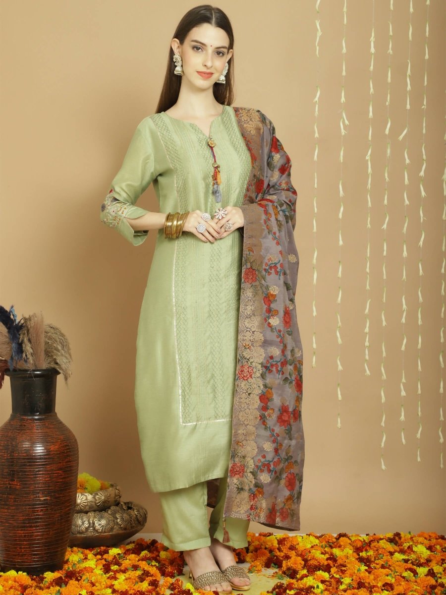 Aastha Fashion Women's Green Chanderi Silk Elegant Jardoshi Semi Kurta with Trouser & Dupatta - Grab2buy