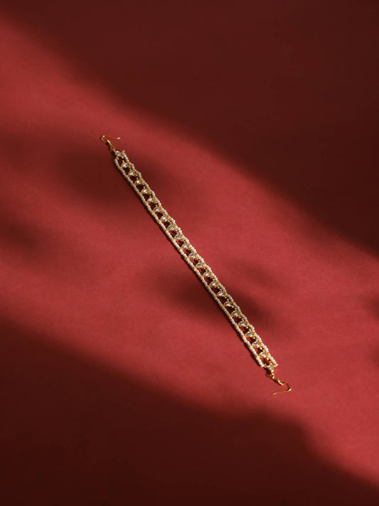 Gold-Plated White Kundan-Studded Pearl Beaded Hair Band - Ruby Raang - Grab2buy