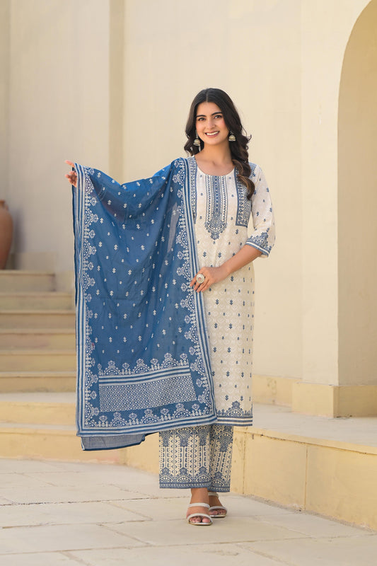 Juniper Ivory & Indigo Serenity Block Print Cotton Suit Set