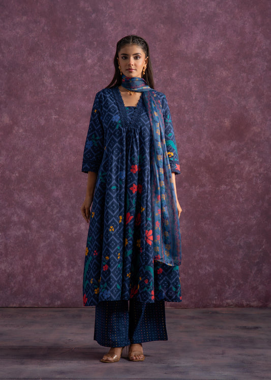 Juniper Indigo Floral Printed Cotton Kurta Set With Chiffon Dupatta