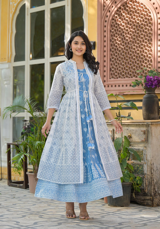 Juniper Azure Blue Blossom Layered Cotton Anarkali Dress With Printed Jacket
