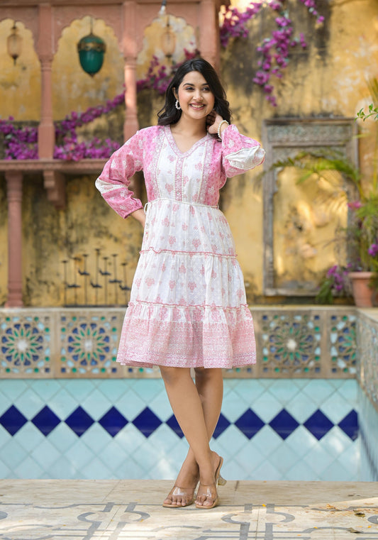 Juniper Onion Pink Ethnic Motif Printed Cotton Short Dress With Mirror Work & Lace