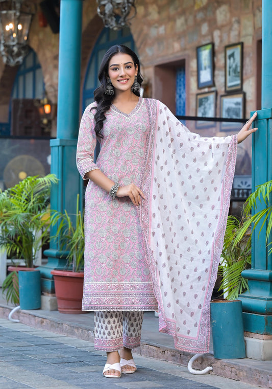 Juniper Pink Floral Printed Cotton Kurta Pant And Dupatta Set With Lace