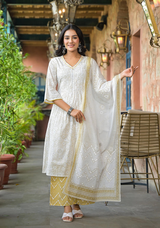 Juniper Women's Off White Abstract Printed Cotton Kurta Pant And Dupatta Set With Sequins & Thread Work