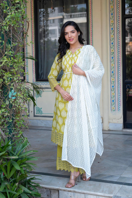 Juniper Lime Green Printed Cotton Kurta with Palazzo & Chiffon Dupatta