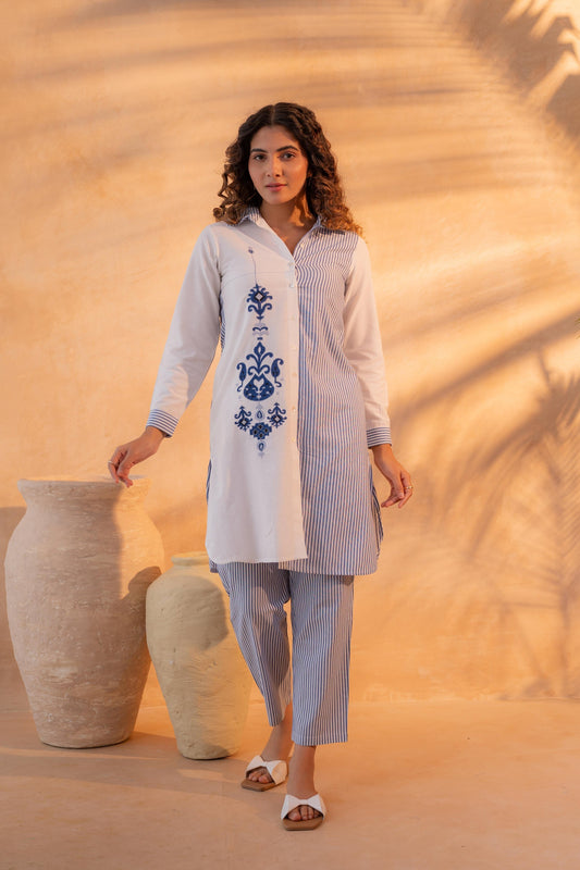 Juniper NavyBlue & White Divide Embroidered Panel Kurta Set