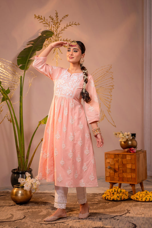 Juniper Gulnaar Peach Embroidered Kurta