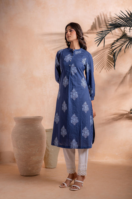 Juniper Indigo Stripe Motif Heritage Kurta