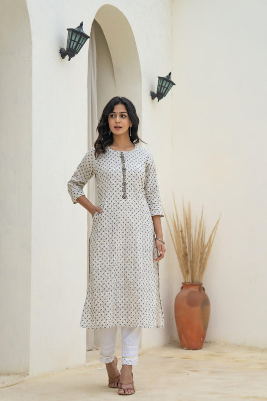 Juniper White Minimal Motif Printed Kurta