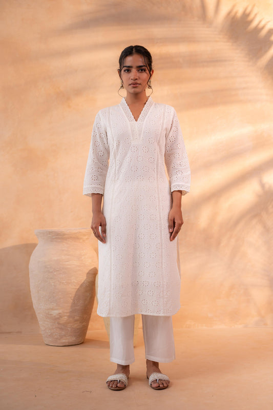 Juniper Off-White Schiffli Kurta And Pant Set