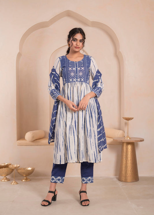 Juniper Navy Blue And White Kurta , Solid Bottom And Tie -Dye Dupatta With Cotton Lace , Buttons , Sequin