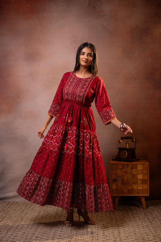 Juniper Rangriti Noor Maroon Handcrafted Boho Dress