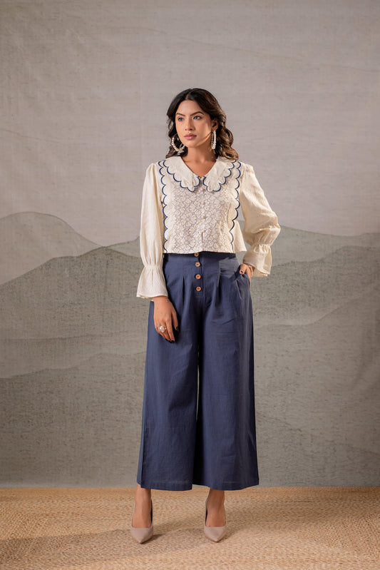 Juniper Off-White Scallop Bloom Top with Navy Tailored Pants