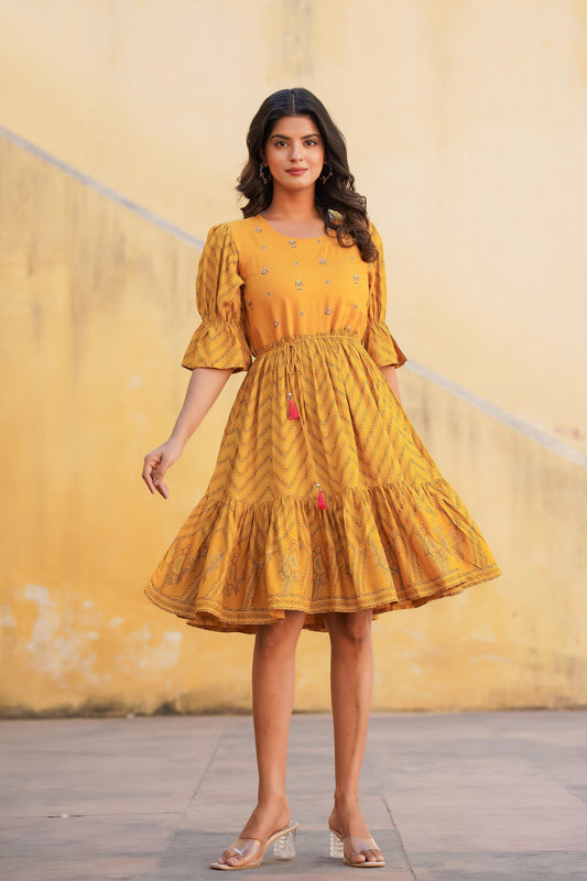 Juniper Mustard Ethnic Motif Printed Viscose Short Dress With Dori