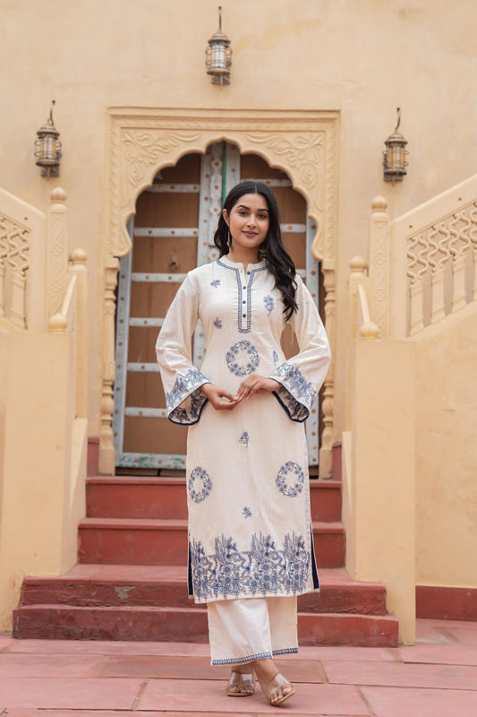 Juniper Off White & Navy Blue Embroidered Straight Kurta Set With Contrast Detailing
