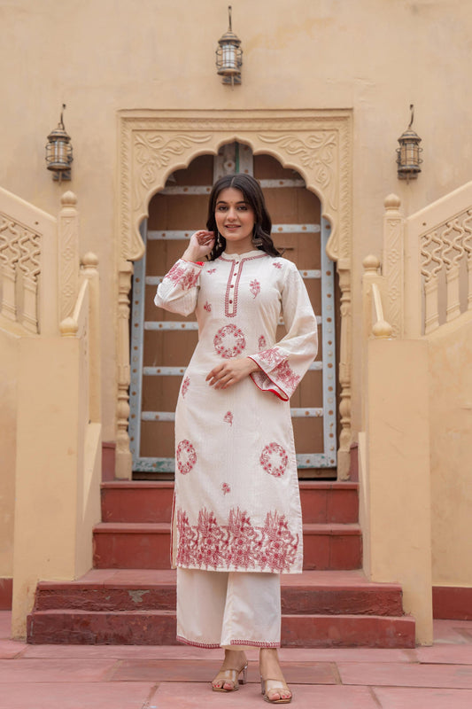 Juniper Off White & Red Embroidered Straight Kurta Set With Contrast Detailing