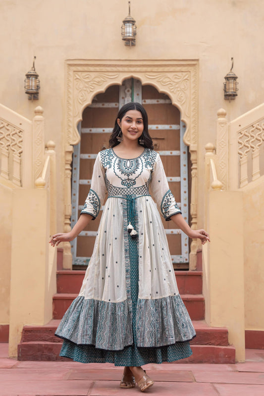 Juniper Off White & Teal Green Embroidered Tiered Ethnic Dress with Inner Layer