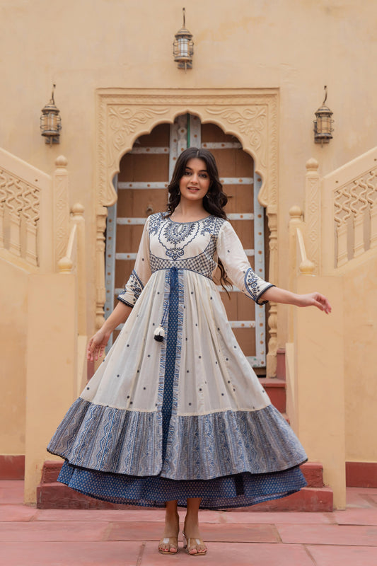 Juniper Off White & Indigo Embroidered Tiered Ethnic Dress With Inner Layer