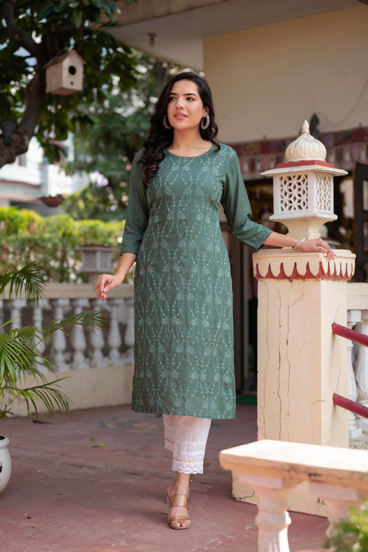Juniper Sage Green Embroidered Viscose Kurta with Sequins & Cotton Lace