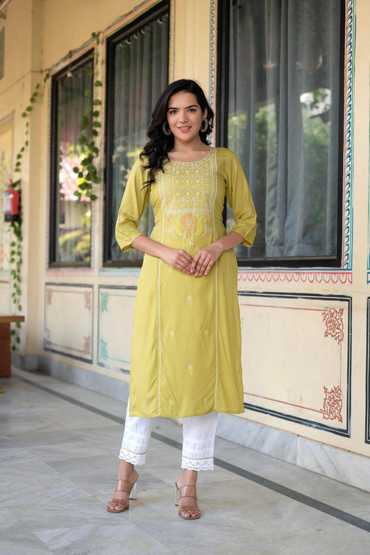 Juniper Lime Viscose Geometric Printed Kurta | Grab2Buy