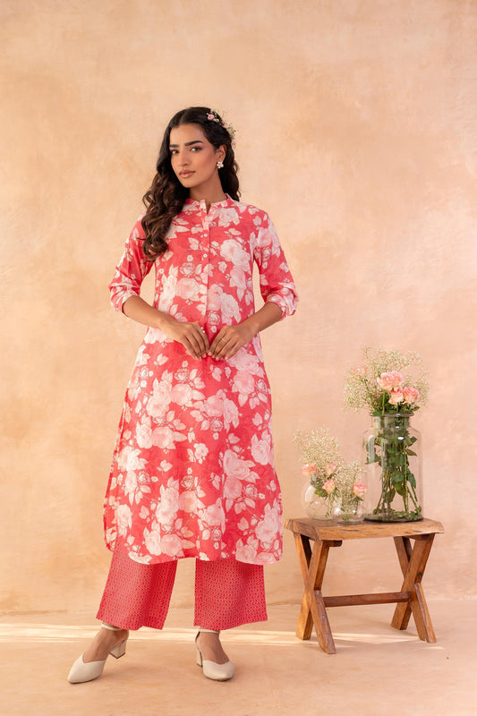 Juniper Red Bloom Floral Kurta And Pant Set