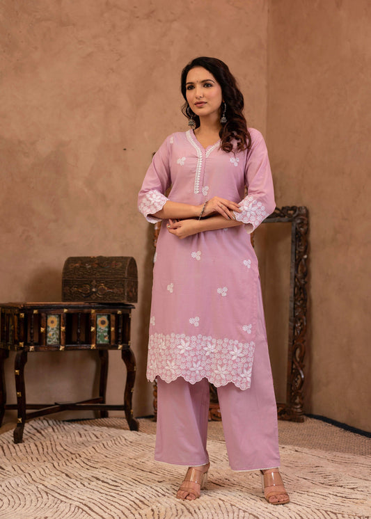 Juniper Lavender Floral Embroidered Cotton Kurta With Palazzo & Lace Work