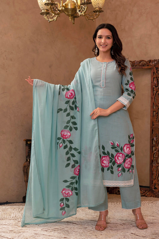 Juniper Sky Blue Cotton Slub Floral Printed Kurta-Pant & Dupatta Set with Lace, Thread Work & Button Closure