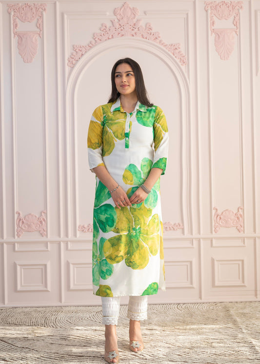 Juniper Green Floral Printed Viscose Kurta With Button Closure | Grab2Buy