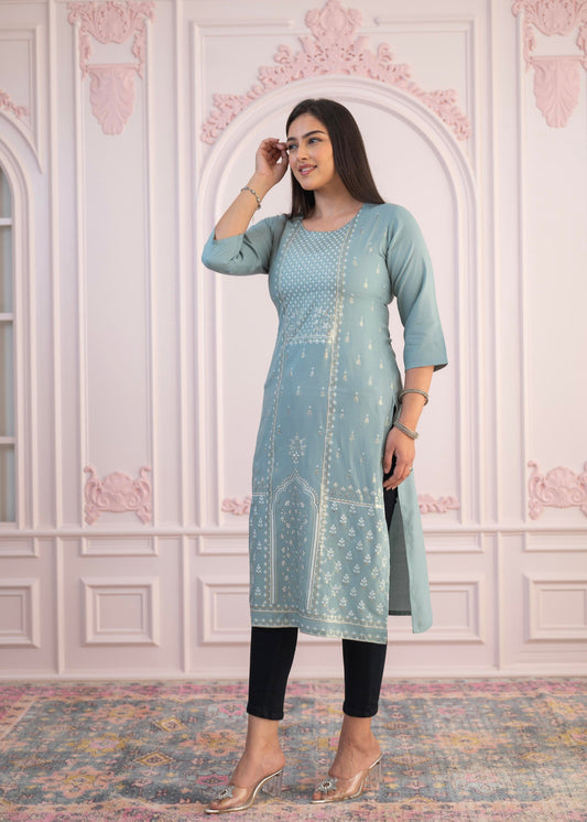 Juniper Mint Printed Viscose Straight Fit Kurta