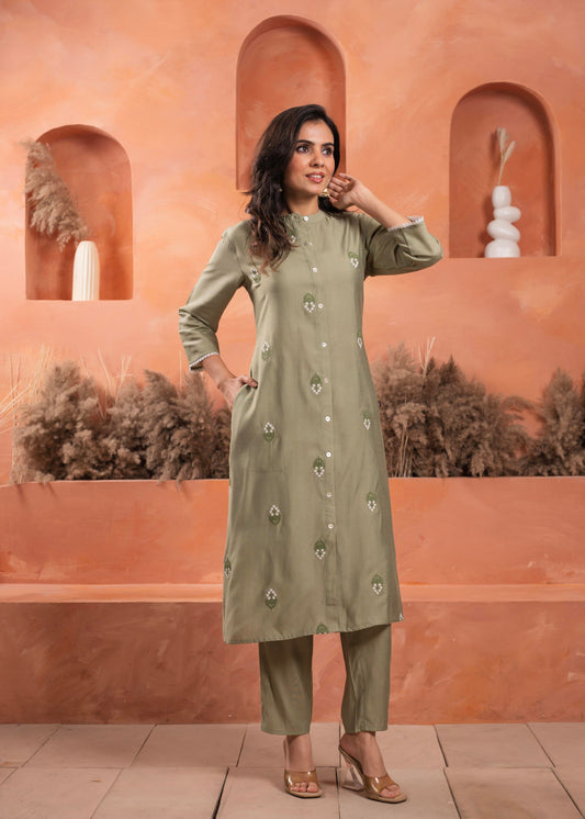 Juniper Olive embroiderd kurta and solid bottom with cotton lace and buttons | Grab2Buy