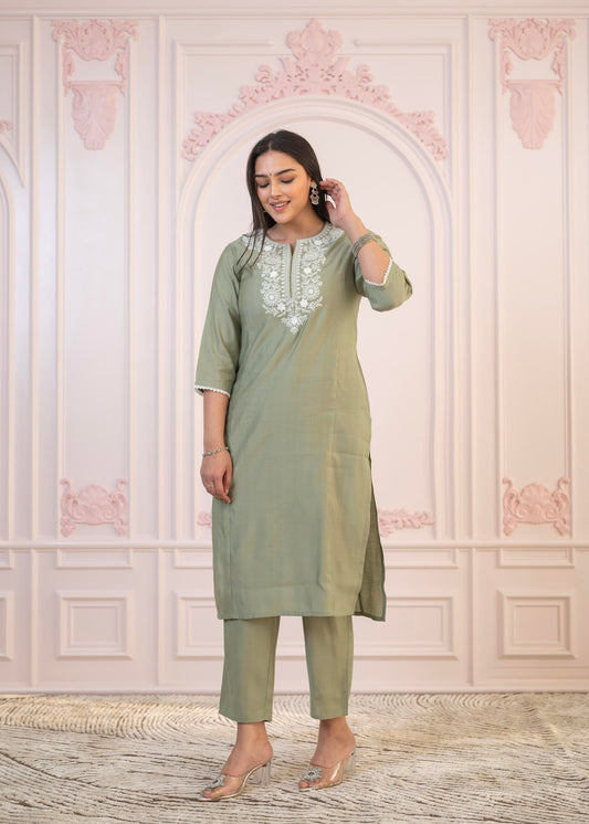 Juniper Sage Green Embroidered Viscose Kurta-Palazzo Set with Thread Work & Cotton Lace