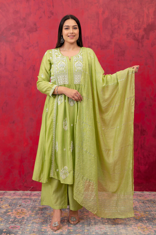 Juniper Lime Green Chanderi Kurta Pant Dupatta Set With Thread & Bead Work